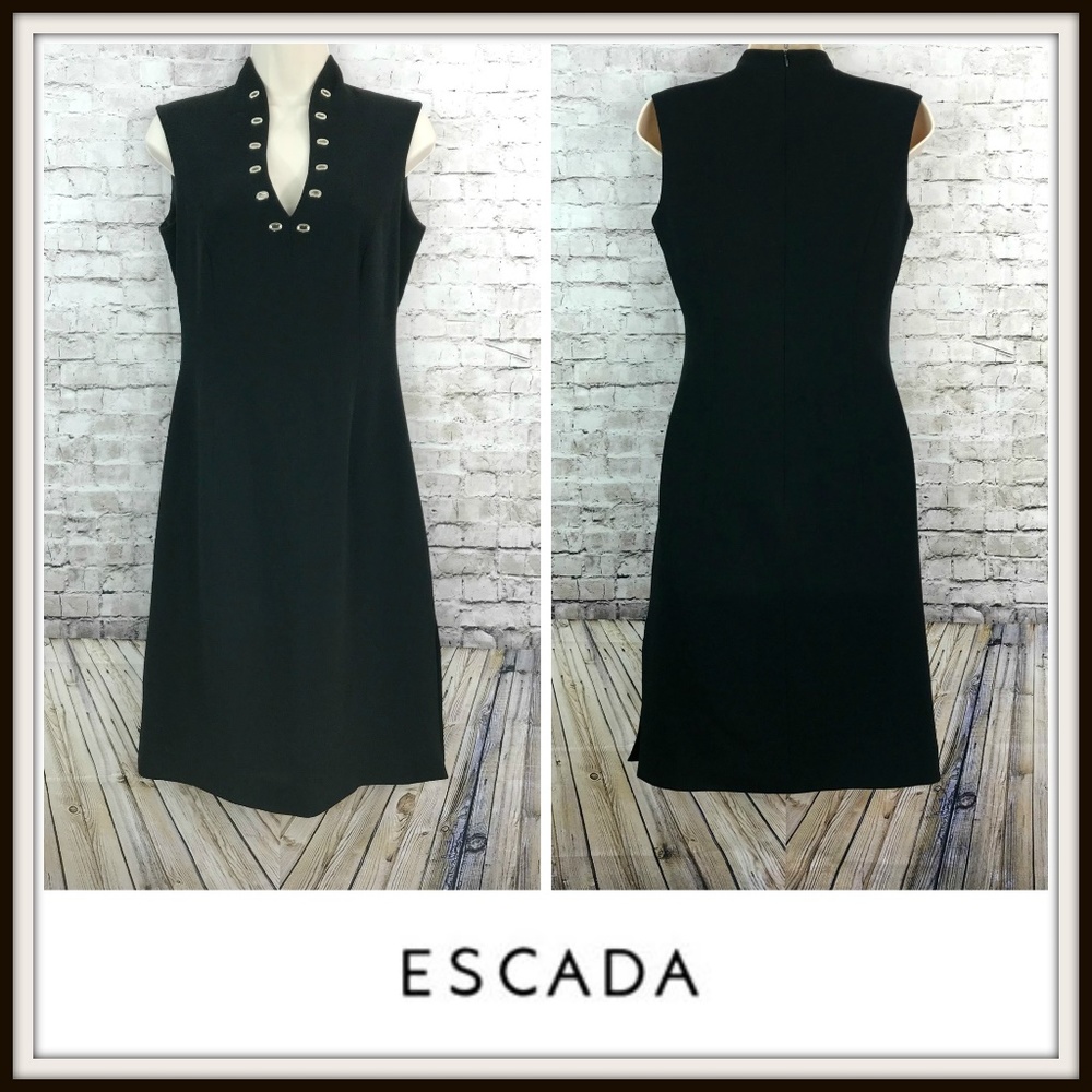 Escada Black Grommet V-Neck Wool Sleeveless Dress - Picture 2 of 5